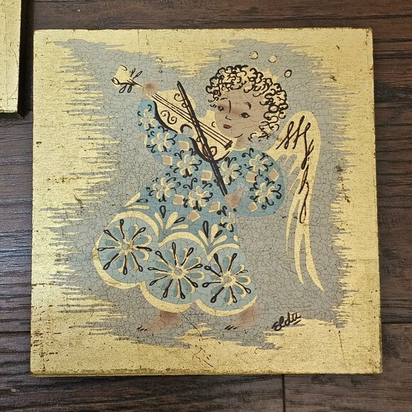 Holiday Folk Art Angel Wooden Wall Hanging 8" gold blue cherub handpainted (2) - Picture 3 of 9